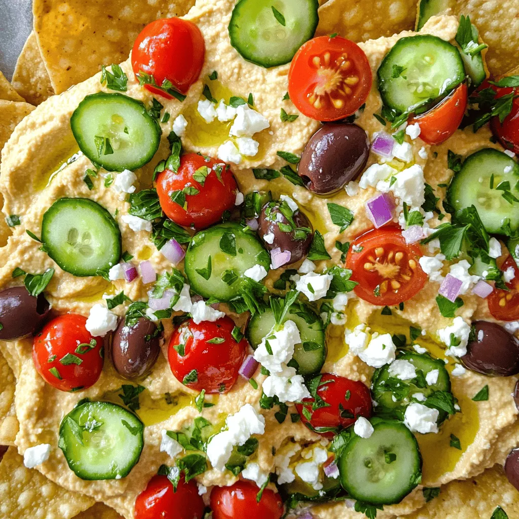 Mediterranean hummus nachos are a fun twist on the classic nacho dish. They bring together the rich flavors of the Mediterranean. Instead of cheese, you use hummus, which makes it creamy and savory. Pita chips replace traditional tortilla chips, adding a lovely crunch.