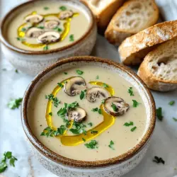 To make a great cream of mushroom soup, you need some key ingredients. The essential items include fresh mixed mushrooms, onion, garlic, butter, vegetable broth, and heavy cream. Each of these adds depth and flavor to your soup.