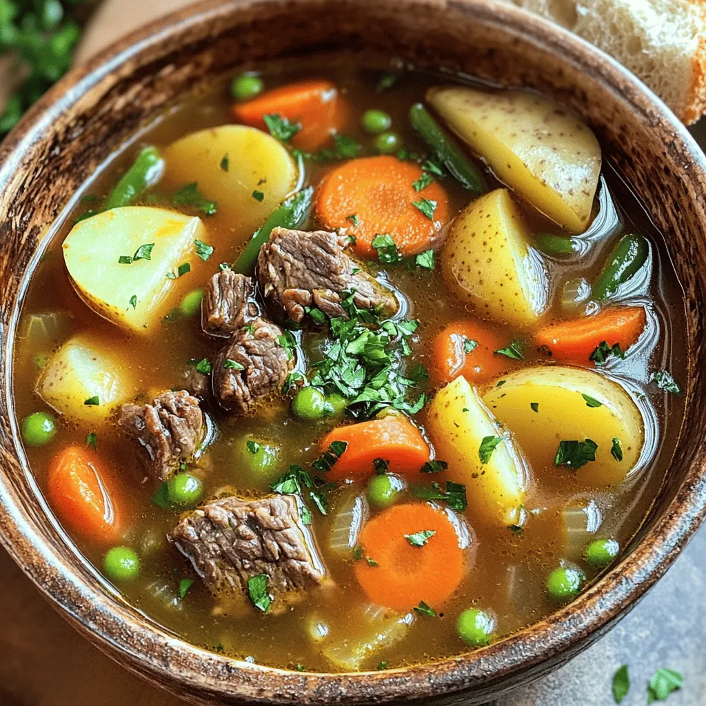 To make a great vegetable beef soup recipe, you need some key ingredients. First, choose good beef. I recommend using beef stew meat. It is tender and flavorful. You want the meat to be in bite-sized pieces. This helps it cook evenly and blend with the soup.