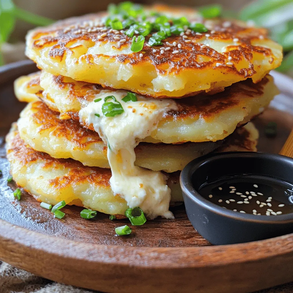 Korean cheesy potato pancakes are a tasty treat. They blend crispy potatoes and melted cheese. This dish is known as "gamja jeon" in Korea. It shines in its comfort, flavor, and texture.