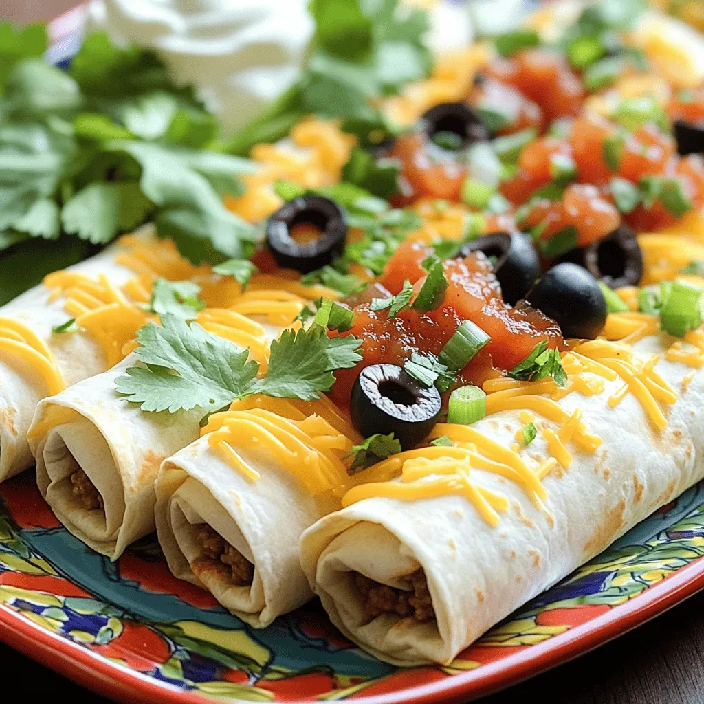 Taco tortilla roll ups are fun and tasty. You need simple ingredients to make them. The main items are large flour tortillas, seasoned ground beef, and shredded cheddar cheese. You’ll also need sour cream, salsa, black olives, green onions, and taco seasoning.