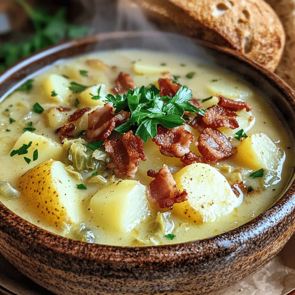 For a great Irish Bacon, Cabbage, and Potato Soup, you need a few key ingredients. Start with thick-cut Irish bacon. This adds a rich, smoky flavor to the soup. You want the bacon to be fresh and of high quality. The bacon gives the soup its heartiness.