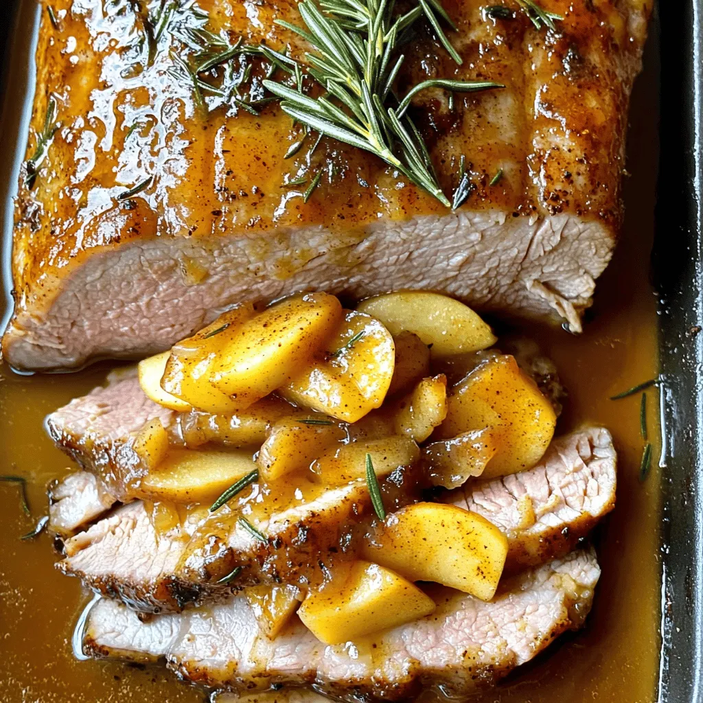 For this rosemary pork recipe, you need some simple yet tasty ingredients. Start with 2 pounds of pork loin. This cut is juicy and perfect for roasting. You will also need 4 cloves of garlic, minced for that extra flavor punch. Fresh rosemary adds a fragrant touch, so grab 2 tablespoons, finely chopped. Don't forget 1 teaspoon each of salt and black pepper to season the meat. Olive oil helps make the rub stick and adds richness, so you'll need 2 tablespoons of that too. For the sweet maple apple sauce, you will use 3 apples, peeled and sliced, 1/2 cup of pure maple syrup, 1 tablespoon of apple cider vinegar, and 1 teaspoon of cinnamon. This mix of flavors will make your dish shine.