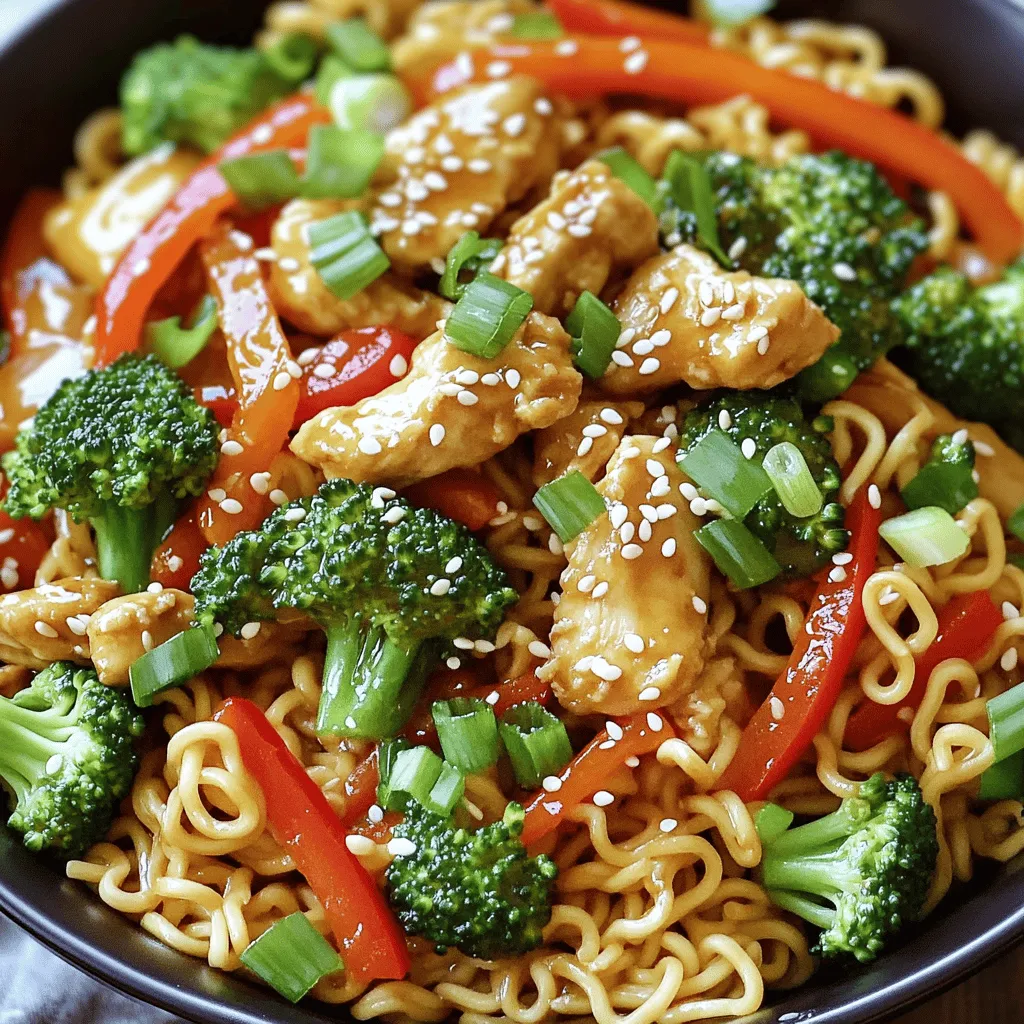 The right ingredients make a great chicken ramen stir fry recipe. For this dish, you need fresh chicken, ramen noodles, and a mix of colorful veggies. I prefer boneless, skinless chicken breasts. They cook fast and stay tender. You can cut them into thin slices for even cooking.