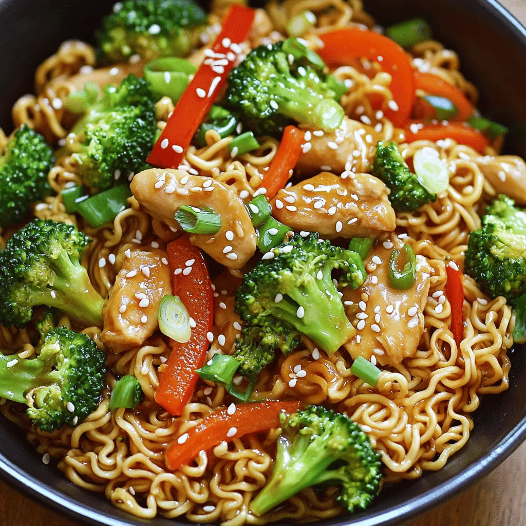 The right ingredients make a great chicken ramen stir fry recipe. For this dish, you need fresh chicken, ramen noodles, and a mix of colorful veggies. I prefer boneless, skinless chicken breasts. They cook fast and stay tender. You can cut them into thin slices for even cooking.