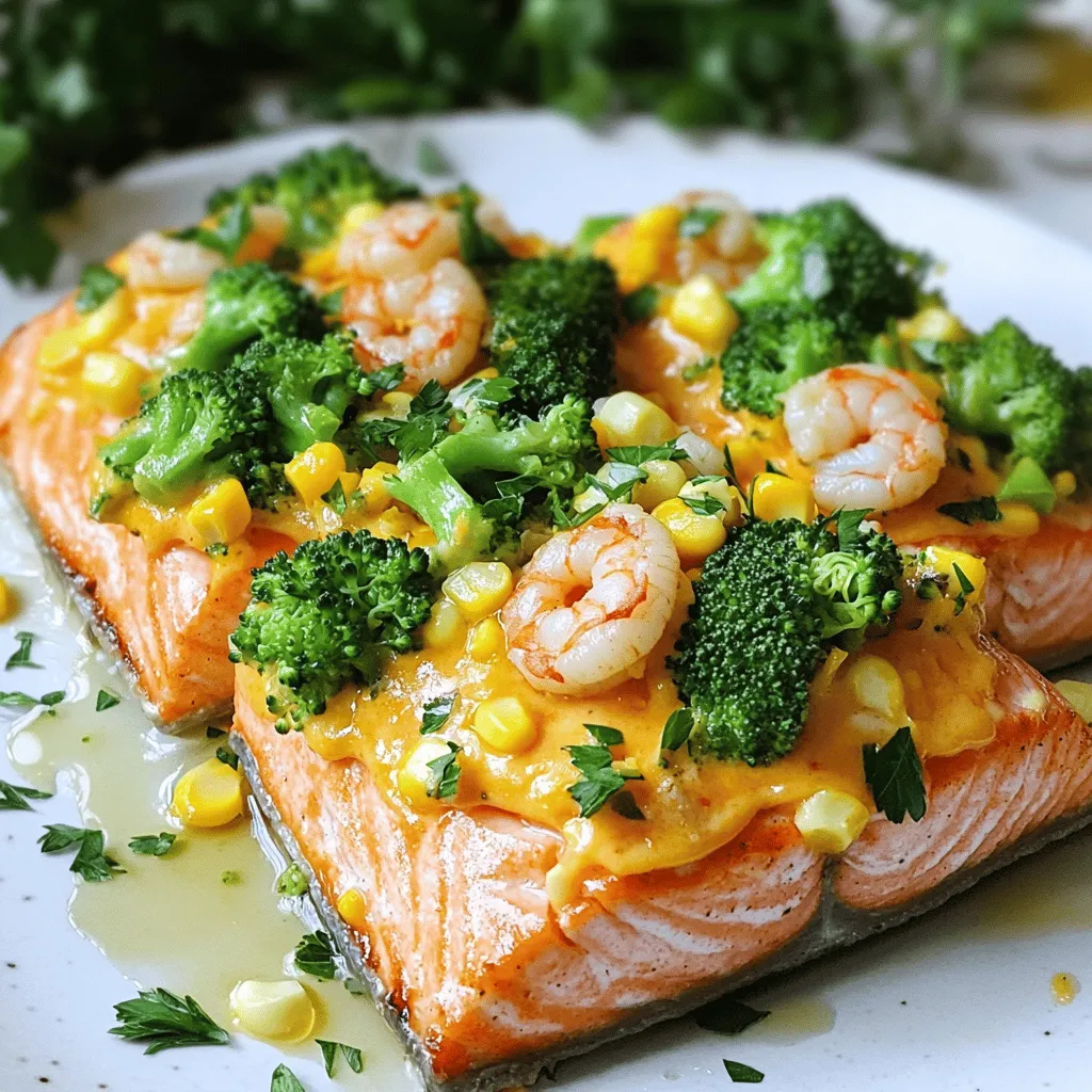 To make the best salmon, shrimp, cheesy broccoli, and corn dish, you need fresh and quality ingredients. Here are the key items.