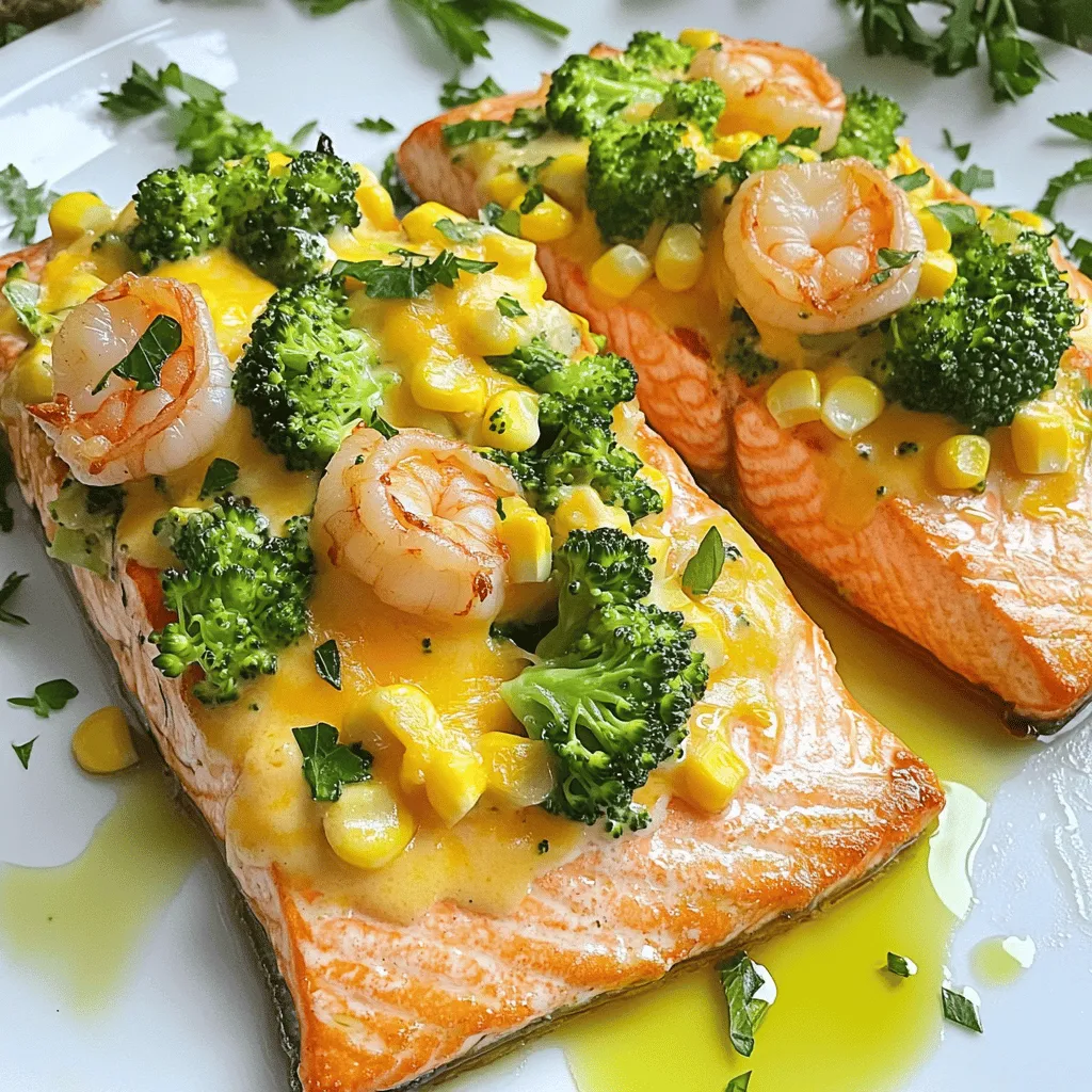 To make the best salmon, shrimp, cheesy broccoli, and corn dish, you need fresh and quality ingredients. Here are the key items.