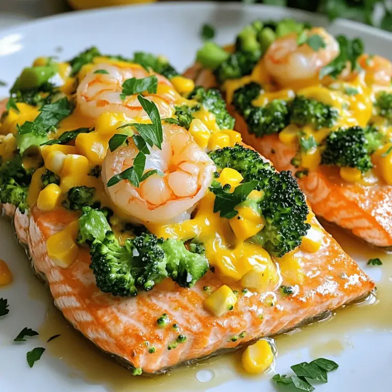 To make the best salmon, shrimp, cheesy broccoli, and corn dish, you need fresh and quality ingredients. Here are the key items.