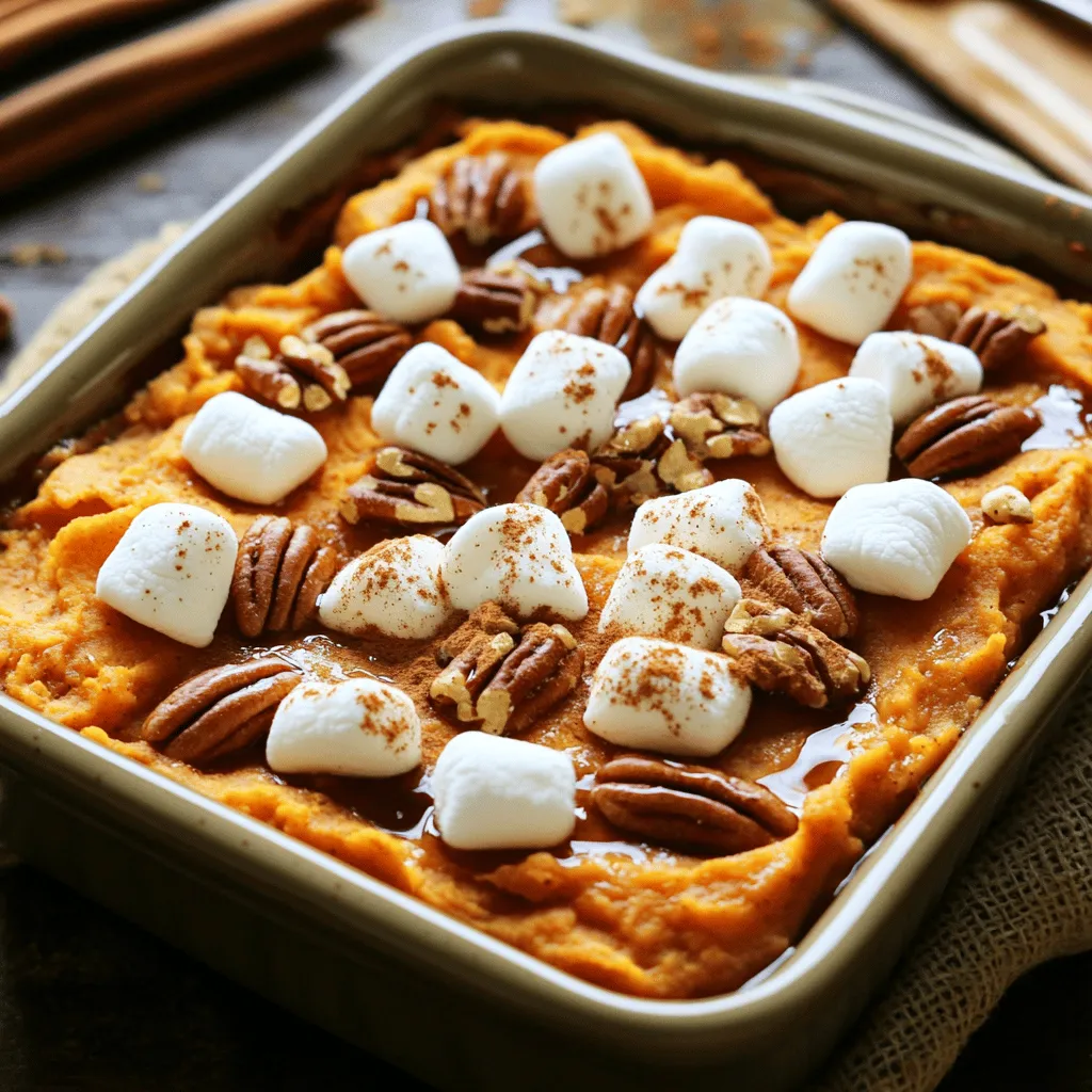 To make sweet potato casserole with marshmallows, you need a few key ingredients. First, you will need <strong>four medium sweet potatoes</strong>, peeled and cubed. These sweet potatoes bring a creamy texture and natural sweetness to your dish. Next, add <strong>1/2 cup of unsweetened almond milk</strong> or any milk you prefer. This will help smooth out the sweet potatoes.” /></p>
</p>
<h2>What Variations Can I Make to the Classic Recipe?</h2>
</p>
<p>Sweet potato casserole can adapt to many tastes and diets. Here are some fun ideas.</p>
</p>
<h3>What Are Popular Variations for Different Diets?</h3>
</p>
<p>For a vegan option, swap regular milk for almond milk. Use maple syrup instead of brown sugar. You can also skip the marshmallows or use vegan ones. This keeps the dish sweet and tasty without animal products. For a gluten-free option, use gluten-free flour in any topping mix.</p>
</p>
<h3>How Can I Customize the Flavor Profile?</h3>
</p>
<p>You can change the spices to fit your taste. Try adding ginger or cloves for a warm kick. Swap cinnamon for pumpkin spice to give it a fall twist. You can also add orange zest for a fresh, zesty flavor. Experiment with these flavors to make it your own.</p>
</p>
<h3>What Alternatives Are There for Sweet Potatoes?</h3>
</p>
<p>If you don’t have sweet potatoes, yams can work too. They taste similar and have the same texture. For a unique twist, try using butternut squash. It will change the flavor but still taste great. Each of these options brings its own fun twist to the dish.</p>
</p>
<p>For a full recipe, check out the Sweet Potato Delight Casserole.</p>
</p>
<h2>What Serving Suggestions Enhance Sweet Potato Casserole?</h2>
</p>
<p>Sweet potato casserole is a great side dish for many meals. It fits perfectly on a holiday table. You can serve it at Thanksgiving or any festive gathering.</p>
</p>
<h3>What Are Ideal Pairings for Serving?</h3>
</p>
<p>I recommend pairing sweet potato casserole with savory dishes. Try serving it next to roasted turkey or glazed ham. The sweet flavors balance the savory meats well. It also goes nicely with green beans or Brussels sprouts. These veggies add color and a fresh taste to your plate.</p>
</p>
<h3>Can I Serve It as a Main Dish?</h3>
</p>
<p>You can serve sweet potato casserole as a main dish. Add protein, like black beans or lentils, to make it heartier. This makes it a filling option, especially for vegetarian meals. Top it with some cheese for added flavor.</p>
</p>
<h3>How Can I Store Leftovers for Later Enjoyment?</h3>
</p>
<p>To store leftovers, let the casserole cool completely. Cover it tightly with plastic wrap or aluminum foil. You can keep it in the fridge for up to three days. For longer storage, freeze it in an airtight container. When ready to eat, reheat in the oven until hot. Enjoy this comforting dish again! For the full recipe, check out the Sweet Potato Delight Casserole.</p>
</p>
<p><img decoding=