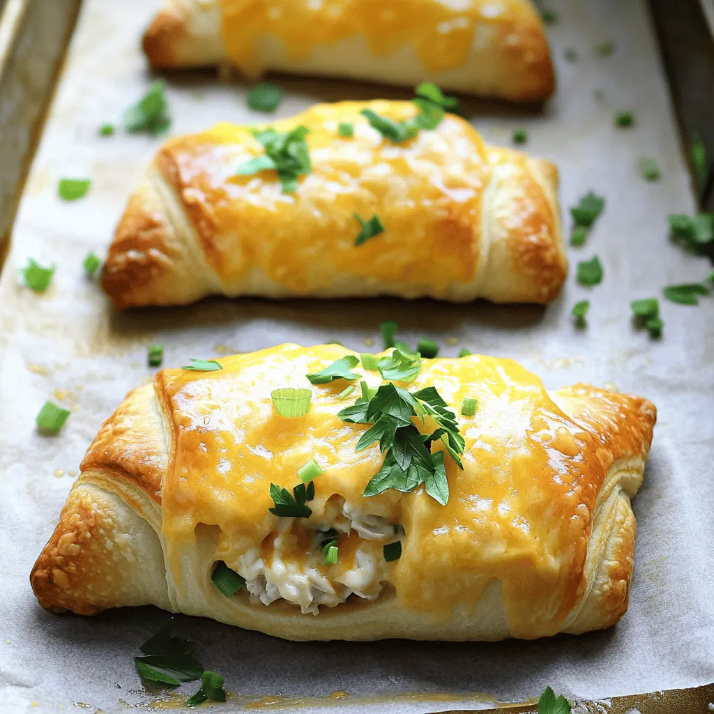 To make cheesy chicken crescent rolls, you need a few simple ingredients. Gather 2 cups of cooked chicken, shredded. Use 1 cup of softened cream cheese and 1 cup of shredded cheddar cheese. You will also need 1/2 cup of finely chopped green onions, 1 teaspoon of garlic powder, and 1/2 teaspoon of paprika. Don't forget salt and pepper to taste. For the rolls, grab 1 can of refrigerated crescent roll dough and 1 beaten egg for the wash. Fresh parsley is great for garnish.