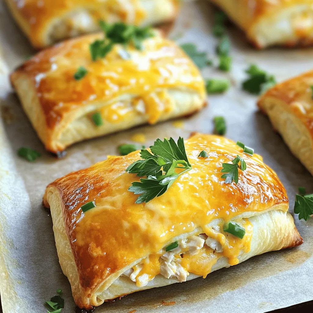 To make cheesy chicken crescent rolls, you need a few simple ingredients. Gather 2 cups of cooked chicken, shredded. Use 1 cup of softened cream cheese and 1 cup of shredded cheddar cheese. You will also need 1/2 cup of finely chopped green onions, 1 teaspoon of garlic powder, and 1/2 teaspoon of paprika. Don't forget salt and pepper to taste. For the rolls, grab 1 can of refrigerated crescent roll dough and 1 beaten egg for the wash. Fresh parsley is great for garnish.