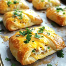 To make cheesy chicken crescent rolls, you need a few simple ingredients. Gather 2 cups of cooked chicken, shredded. Use 1 cup of softened cream cheese and 1 cup of shredded cheddar cheese. You will also need 1/2 cup of finely chopped green onions, 1 teaspoon of garlic powder, and 1/2 teaspoon of paprika. Don't forget salt and pepper to taste. For the rolls, grab 1 can of refrigerated crescent roll dough and 1 beaten egg for the wash. Fresh parsley is great for garnish.