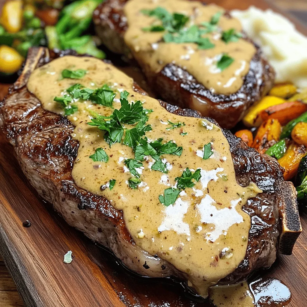 When making steak with bourbon garlic cream sauce, you need key ingredients. First, choose two ribeye steaks. They should be about one inch thick. This cut gives great flavor and tenderness. Next, season them well with salt and pepper.