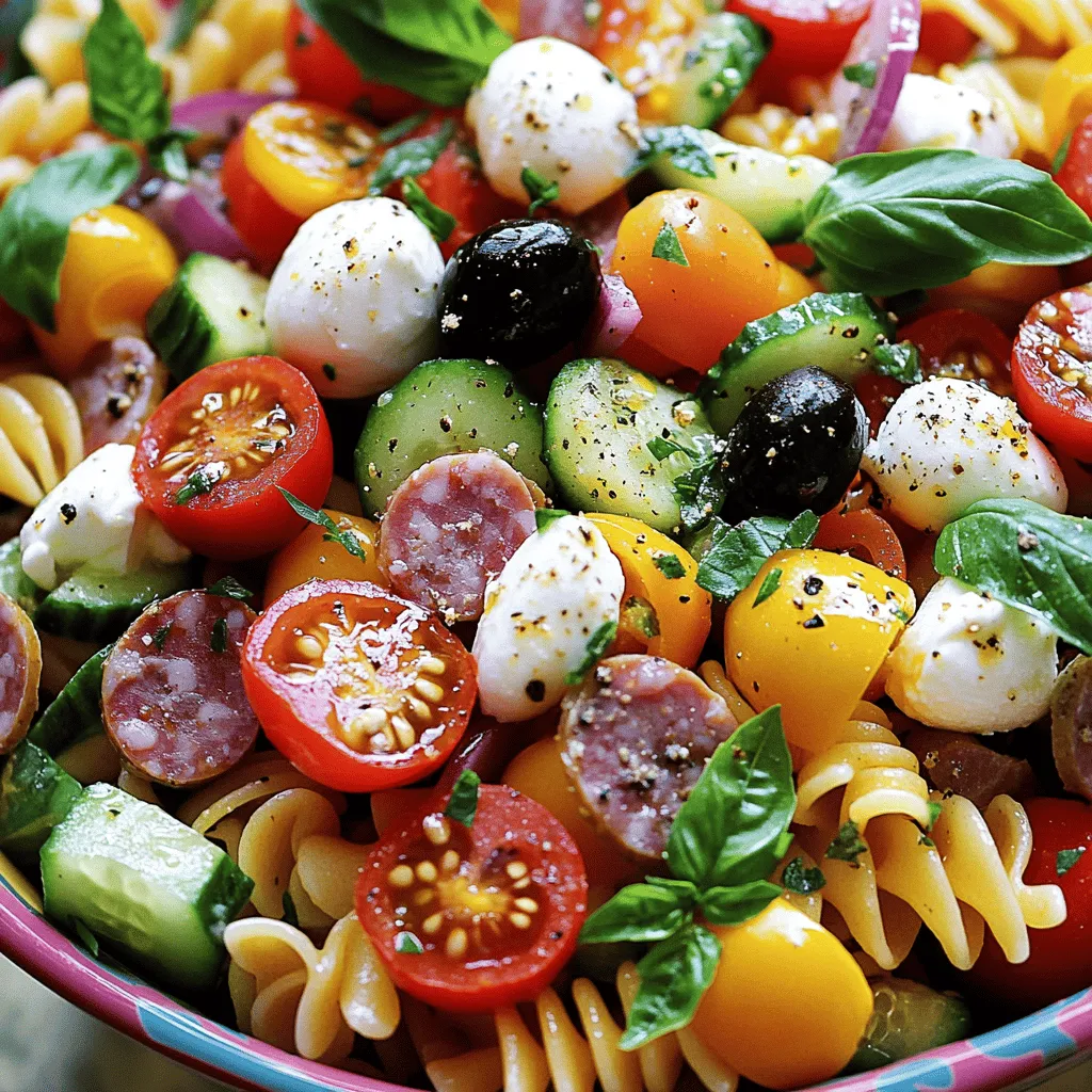 The best Italian pasta salad uses fresh, vibrant ingredients to create great flavor. First, let’s talk about pasta. I love using rotini pasta. Its shape holds onto dressing and flavors really well. You can also use penne or fusilli if you prefer.