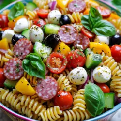 The best Italian pasta salad uses fresh, vibrant ingredients to create great flavor. First, let’s talk about pasta. I love using rotini pasta. Its shape holds onto dressing and flavors really well. You can also use penne or fusilli if you prefer.