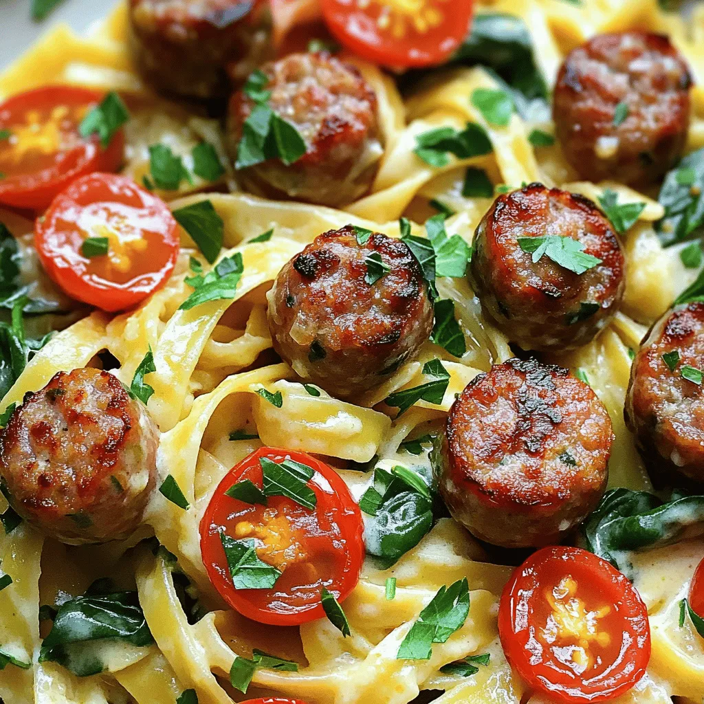 To make garlic butter sausage bites with creamy parmesan pasta, you need a few simple ingredients. Start with <strong>1 pound of Italian sausage</strong>. You can choose mild or spicy, based on your taste. Cut the sausage into bite-sized pieces for easy cooking and eating.” /></p>
</p>
<h2>What Step-by-Step Instructions Should I Follow for the Creamy Parmesan Pasta?</h2>
</p>
<p>Cooking creamy pasta with sausage is simple. It starts with the pasta.</p>
</p>
<h3>How Do I Cook the Pasta Al Dente?</h3>
<p>To make the pasta just right, fill a large pot with water. Add a pinch of salt. Bring it to a boil, then add the fettuccine. Stir it gently to prevent sticking. Check the package for cooking time. Usually, it takes about 8 to 10 minutes. You want it to be firm but not hard. This is called al dente. When it’s ready, save ½ cup of pasta water before draining.</p>
</p>
<h3>When Should I Combine the Pasta and Sauce?</h3>
<p>Once you make the creamy sauce, it’s time to mix. The sauce will be hot and smooth. Add the drained pasta to the skillet. Toss it well so all the pasta gets coated. If the sauce looks too thick, add some of the reserved pasta water. This will help it blend better.</p>
</p>
<h3>What Variations Can I Try for the Creamy Sauce?</h3>
<p>You can change the sauce to suit your taste. For a different flavor, try adding sun-dried tomatoes or mushrooms. You can also mix in some cooked bacon for extra crunch. If you like it spicy, add more red pepper flakes. If you want a lighter sauce, use half-and-half instead of heavy cream. The options are endless!</p>
</p>
<p>For the full recipe, check out the complete instructions, and enjoy your creamy pasta dish!</p>
</p>
<h2>How Can I Achieve the Perfect Flavor Combinations?</h2>
</p>
<p>To create the best flavors in garlic butter sausage bites with creamy Parmesan pasta, I focus on garlic butter sauce as the star. This sauce adds rich, savory notes that make every bite delightful. You can enhance this dish with herbs and spices.</p>
</p>
<h3>What Herbs and Spices Complement This Dish?</h3>
</p>
<p>Basil, thyme, and oregano pair well with garlic. They add fresh, fragrant notes. You can also add black pepper and a pinch of red pepper for warmth. These simple spices balance the richness of the creamy sauce. A sprinkle of fresh parsley at the end brings a burst of color and flavor.</p>
</p>
<h3>Can I Add Vegetables for Extra Nutrition?</h3>
</p>
<p>Absolutely! Adding vegetables boosts nutrition and color. Spinach and cherry tomatoes are great choices. They cook quickly and add vitamins. You can also use bell peppers or zucchini. Just chop them into small pieces. Sauté them with the sausages or mix them in the pasta for a full meal.</p>
</p>
<h3>How Do I Balance the Richness of the Sauce?</h3>
</p>
<p>Balancing the richness of the creamy sauce is key. You can use an acid to cut through the creaminess. A squeeze of lemon juice brightens the dish. You can also add a splash of chicken broth or reserved pasta water. This helps lighten the sauce while keeping it flavorful.</p>
</p>
<p>To sum it up, using garlic, herbs, and fresh vegetables creates a tasty and balanced meal. For the full recipe, check out the detailed steps above.</p>
</p>
<p><img decoding=