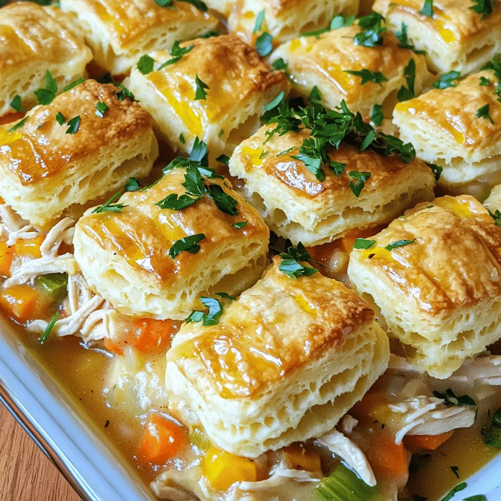 To make a chicken pot pie casserole easy, you need a few key ingredients. Start with 2 cups of cooked chicken, shredded. This gives your dish flavor and protein. Next, add 1 cup of frozen mixed vegetables. Carrots, peas, and corn work well together. You will also need 1 can of cream of chicken soup. This adds creaminess to the filling.