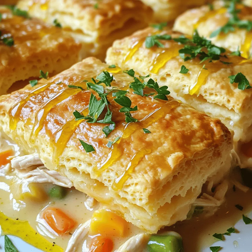 To make a chicken pot pie casserole easy, you need a few key ingredients. Start with 2 cups of cooked chicken, shredded. This gives your dish flavor and protein. Next, add 1 cup of frozen mixed vegetables. Carrots, peas, and corn work well together. You will also need 1 can of cream of chicken soup. This adds creaminess to the filling.