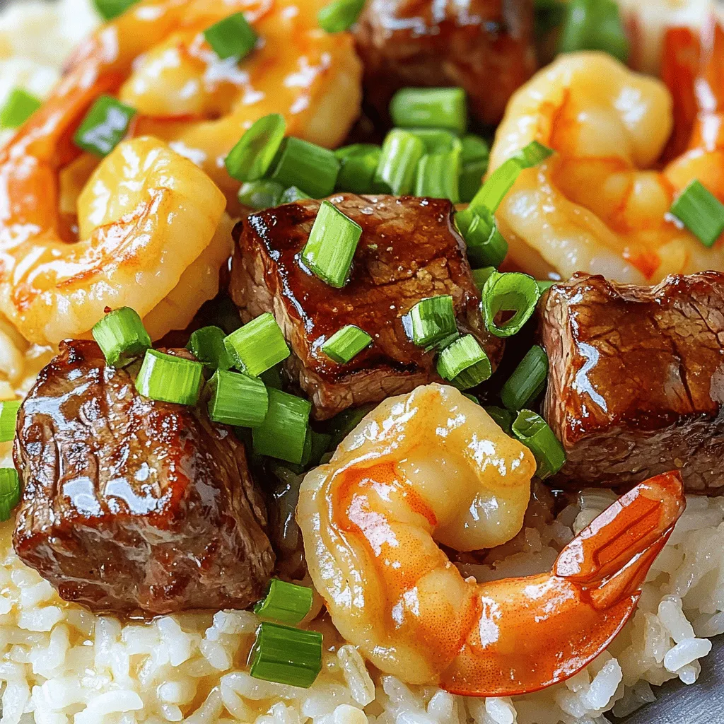 You need some simple yet flavorful ingredients. The first key ingredient is sirloin steak. Cut it into 1-inch cubes. This steak has great flavor and tenderness. You will also want large shrimp, about 8 ounces. Make sure they are peeled and deveined for easy cooking.