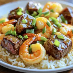 You need some simple yet flavorful ingredients. The first key ingredient is sirloin steak. Cut it into 1-inch cubes. This steak has great flavor and tenderness. You will also want large shrimp, about 8 ounces. Make sure they are peeled and deveined for easy cooking.