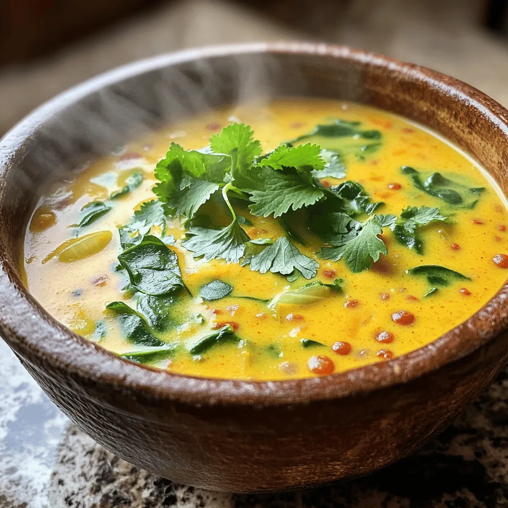 In this creamy coconut curry lentil soup recipe, you need a few key ingredients. First, red lentils are a must. They cook quickly and give the soup a nice texture. You will also need a can of coconut milk. This rich milk adds a creamy feel and a hint of sweetness.