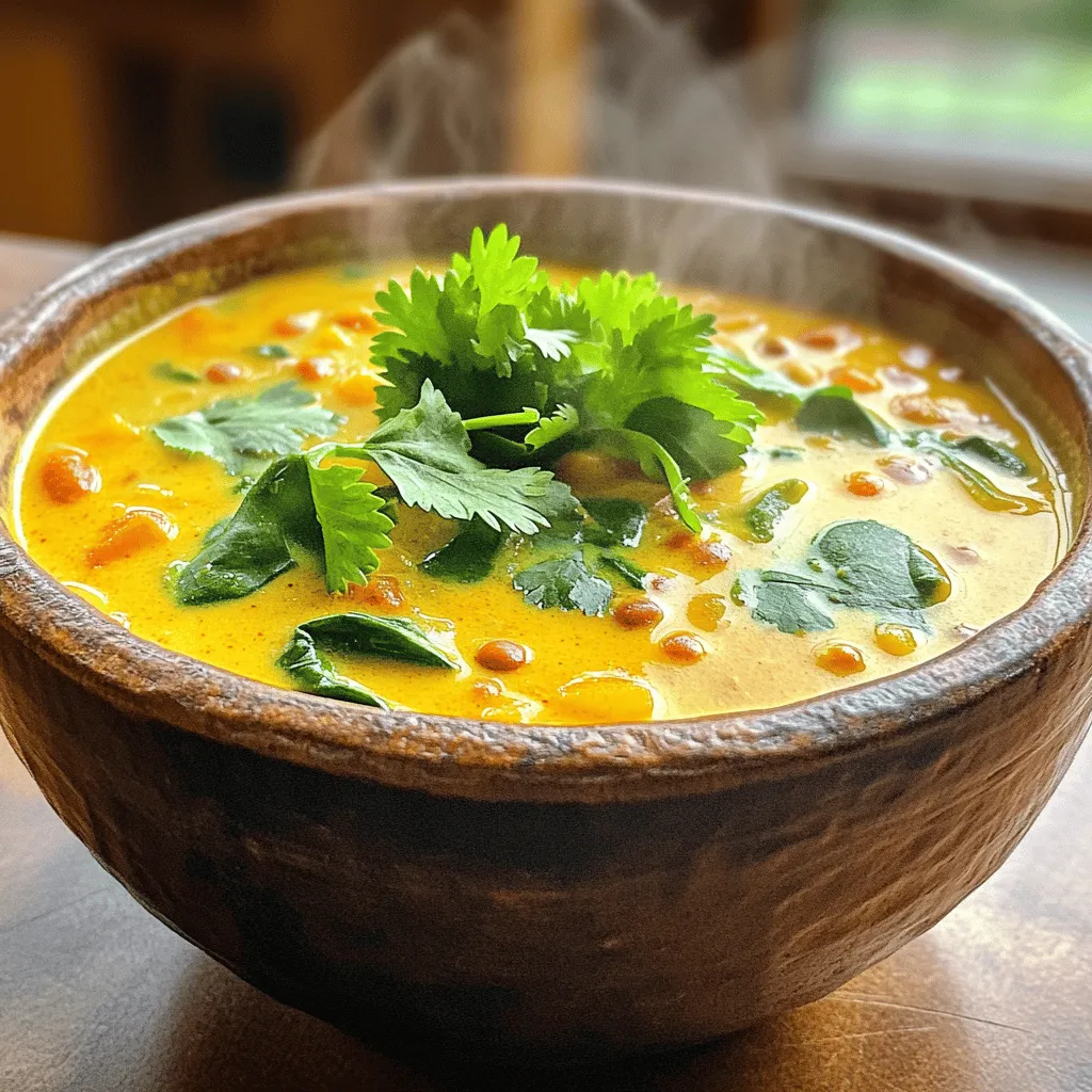 In this creamy coconut curry lentil soup recipe, you need a few key ingredients. First, red lentils are a must. They cook quickly and give the soup a nice texture. You will also need a can of coconut milk. This rich milk adds a creamy feel and a hint of sweetness.