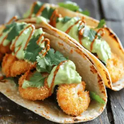 Crispy Shrimp & Poblano Tacos with Avocado Cilantro Sauce