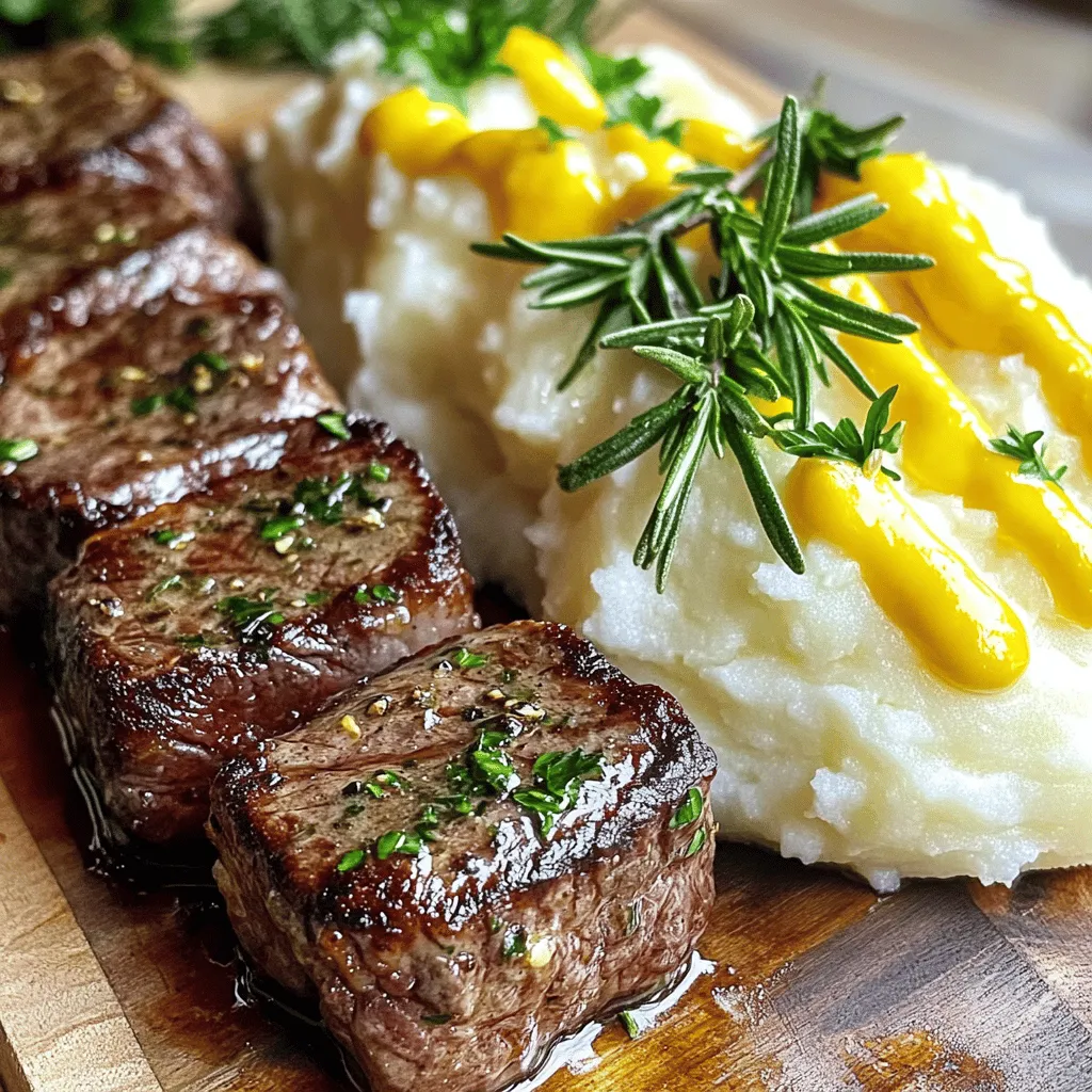 To make juicy steak bites and cheesy mashed potatoes, you need some key ingredients.