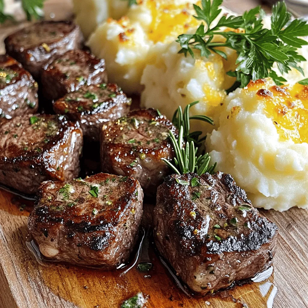 To make juicy steak bites and cheesy mashed potatoes, you need some key ingredients.