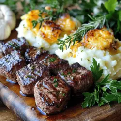 To make juicy steak bites and cheesy mashed potatoes, you need some key ingredients.