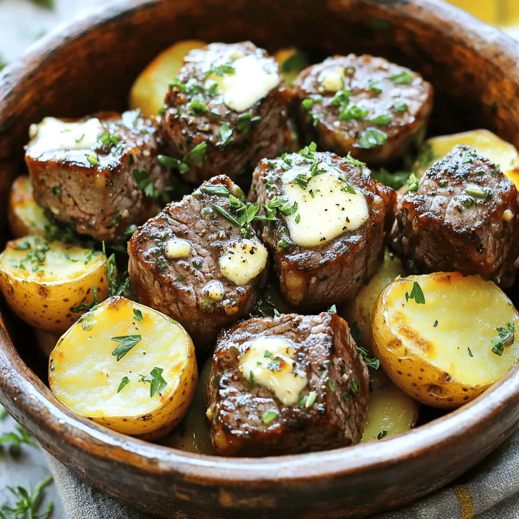 For a great garlic butter steak bites recipe, you need key ingredients. First, get one pound of sirloin steak cut into bite-sized cubes. This cut has great flavor and tenderness. Next, you need one pound of baby potatoes, halved for even cooking. These potatoes add heartiness to the dish. For flavor, use four tablespoons of unsalted butter and four cloves of minced garlic. The butter gives a rich taste, while garlic adds a nice punch. Fresh thyme and rosemary bring a lovely herbal note. You’ll also need salt and black pepper for seasoning.