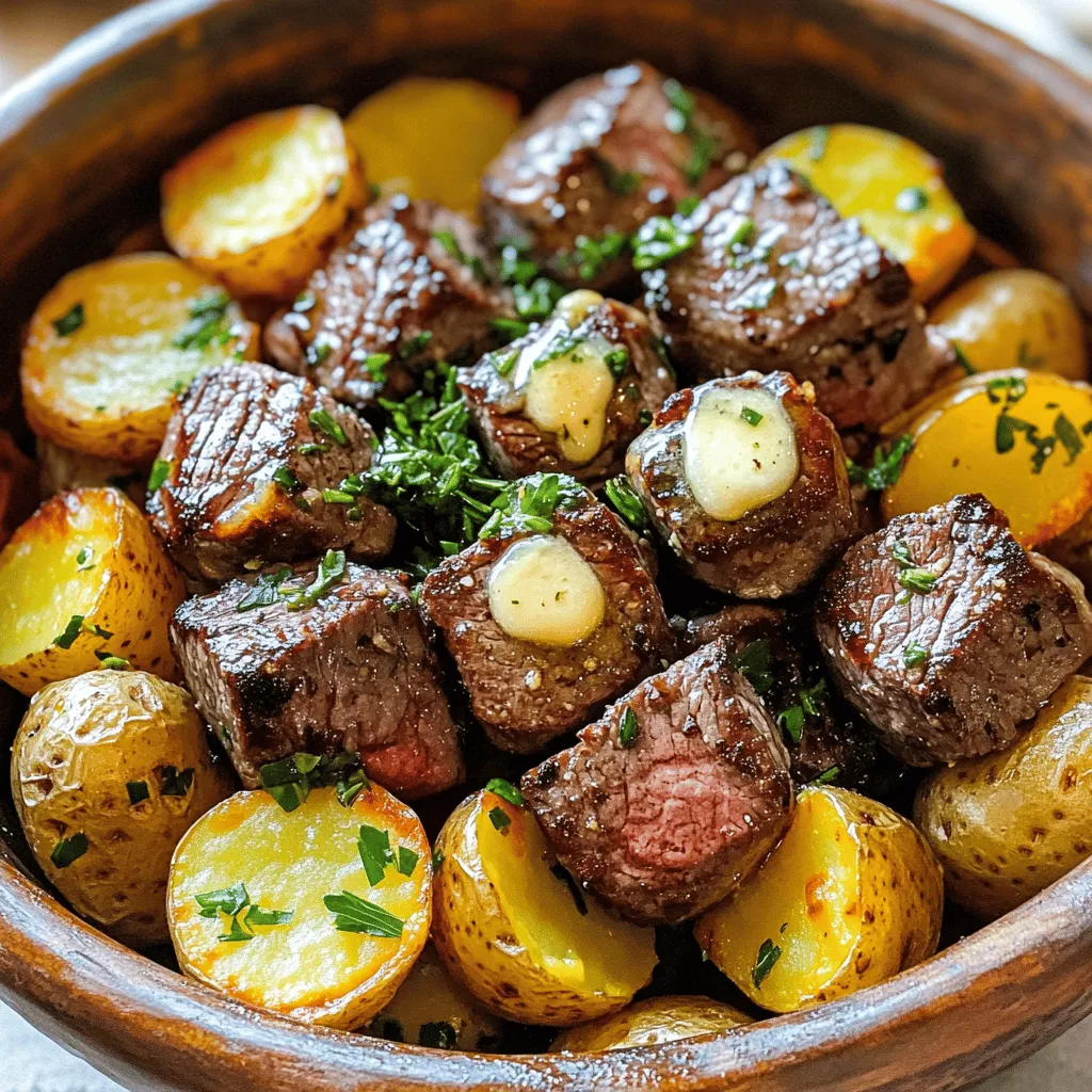 For a great garlic butter steak bites recipe, you need key ingredients. First, get one pound of sirloin steak cut into bite-sized cubes. This cut has great flavor and tenderness. Next, you need one pound of baby potatoes, halved for even cooking. These potatoes add heartiness to the dish. For flavor, use four tablespoons of unsalted butter and four cloves of minced garlic. The butter gives a rich taste, while garlic adds a nice punch. Fresh thyme and rosemary bring a lovely herbal note. You’ll also need salt and black pepper for seasoning.