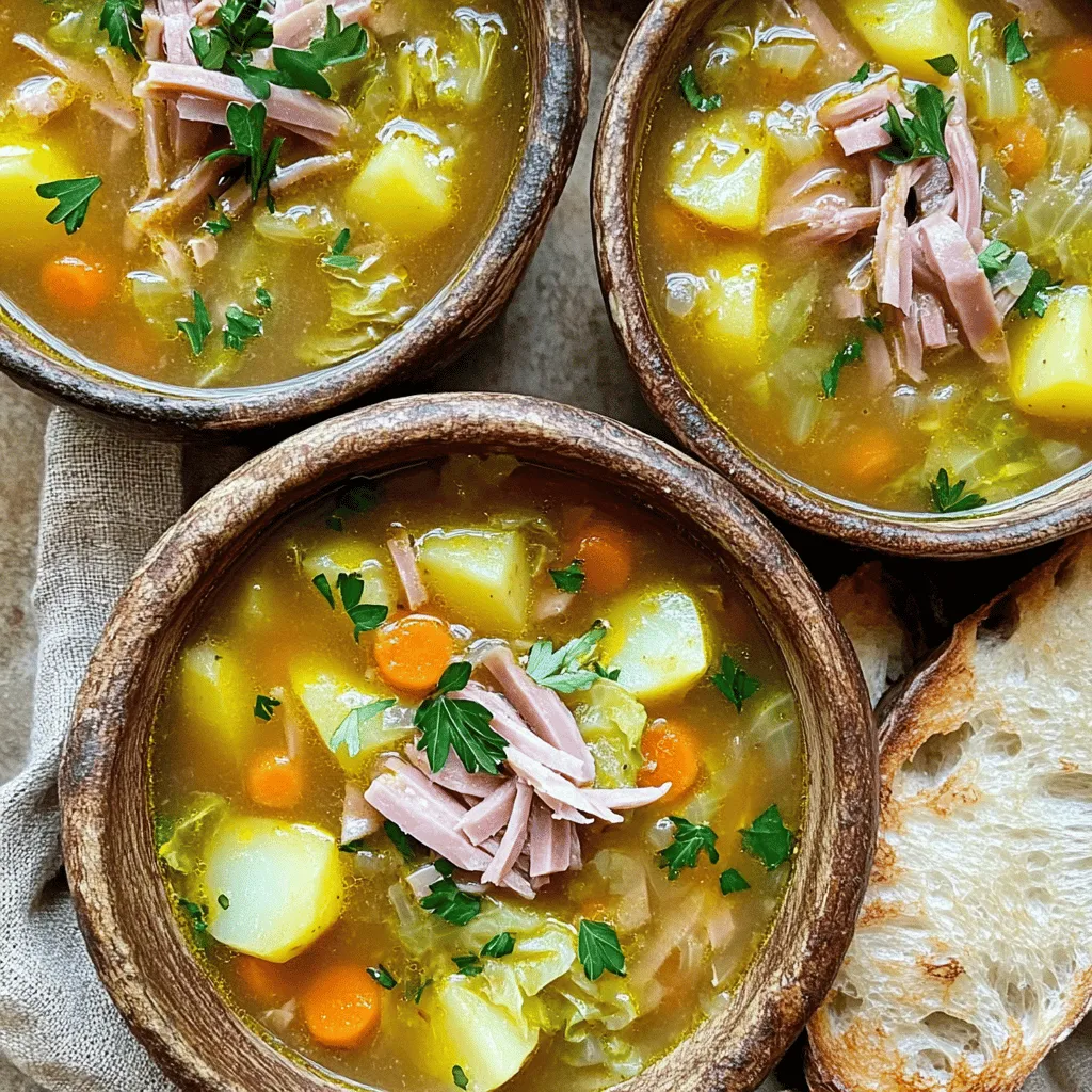 To make a hearty ham bone soup, you need a few key ingredients. Start with a large ham bone that has some meat on it. This adds rich flavor to your soup. You will also need six cups of water or homemade chicken broth for the base.