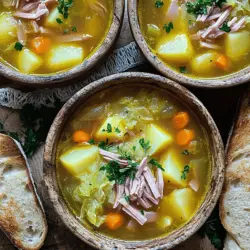 To make a hearty ham bone soup, you need a few key ingredients. Start with a large ham bone that has some meat on it. This adds rich flavor to your soup. You will also need six cups of water or homemade chicken broth for the base.