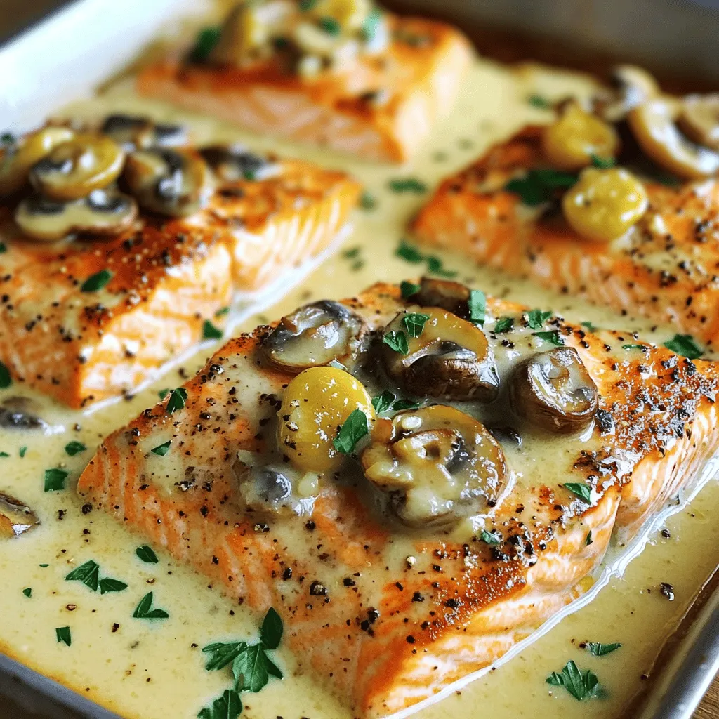 To make creamy garlic mushroom salmon, you need a few key items. Start with two salmon fillets. Fresh salmon makes the dish taste great. You will also need one cup of sliced button mushrooms. These mushrooms add a nice texture and flavor.