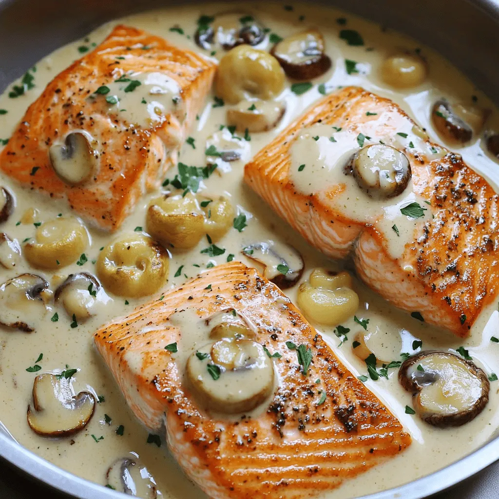 To make creamy garlic mushroom salmon, you need a few key items. Start with two salmon fillets. Fresh salmon makes the dish taste great. You will also need one cup of sliced button mushrooms. These mushrooms add a nice texture and flavor.