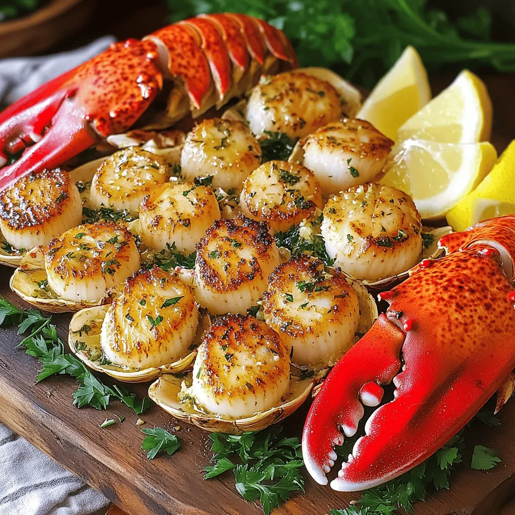 The main ingredients for this garlic butter lobster tail and scallops feast include lobster tails, scallops, and garlic butter. You need two lobster tails and eight ounces of fresh scallops. For the garlic butter, gather six tablespoons of unsalted butter and four cloves of minced garlic. You will also use a tablespoon of fresh parsley, lemon juice, salt, pepper, and paprika. Don't forget some lemon wedges to serve on the side.