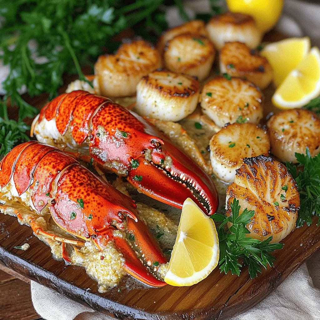 The main ingredients for this garlic butter lobster tail and scallops feast include lobster tails, scallops, and garlic butter. You need two lobster tails and eight ounces of fresh scallops. For the garlic butter, gather six tablespoons of unsalted butter and four cloves of minced garlic. You will also use a tablespoon of fresh parsley, lemon juice, salt, pepper, and paprika. Don't forget some lemon wedges to serve on the side.