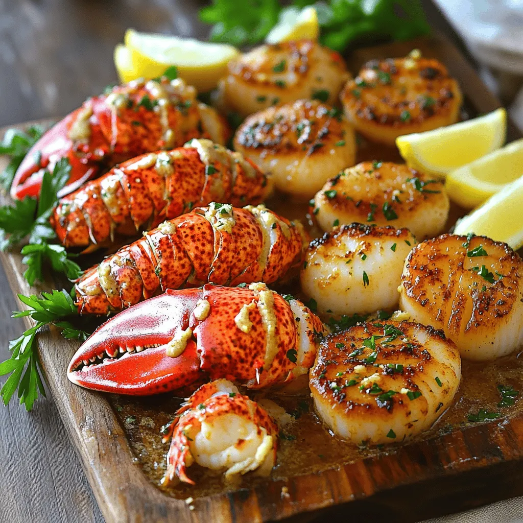 The main ingredients for this garlic butter lobster tail and scallops feast include lobster tails, scallops, and garlic butter. You need two lobster tails and eight ounces of fresh scallops. For the garlic butter, gather six tablespoons of unsalted butter and four cloves of minced garlic. You will also use a tablespoon of fresh parsley, lemon juice, salt, pepper, and paprika. Don't forget some lemon wedges to serve on the side.