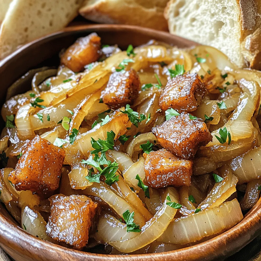 To make savory beer-infused onions, you need simple ingredients. The main players are yellow onions and light beer. For added flavor, use diced salted pork belly, olive oil, garlic, brown sugar, balsamic vinegar, thyme, and black pepper.