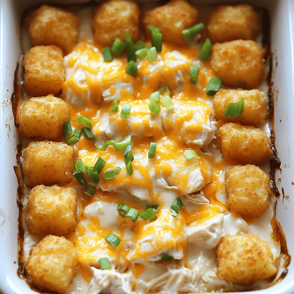 To make Cracked Out Chicken Tater Tot Casserole, you need a few key ingredients. First, cooked chicken is essential. I often use shredded rotisserie chicken for ease. Next, you need a can of cream of chicken soup. This adds creaminess and binds everything together.