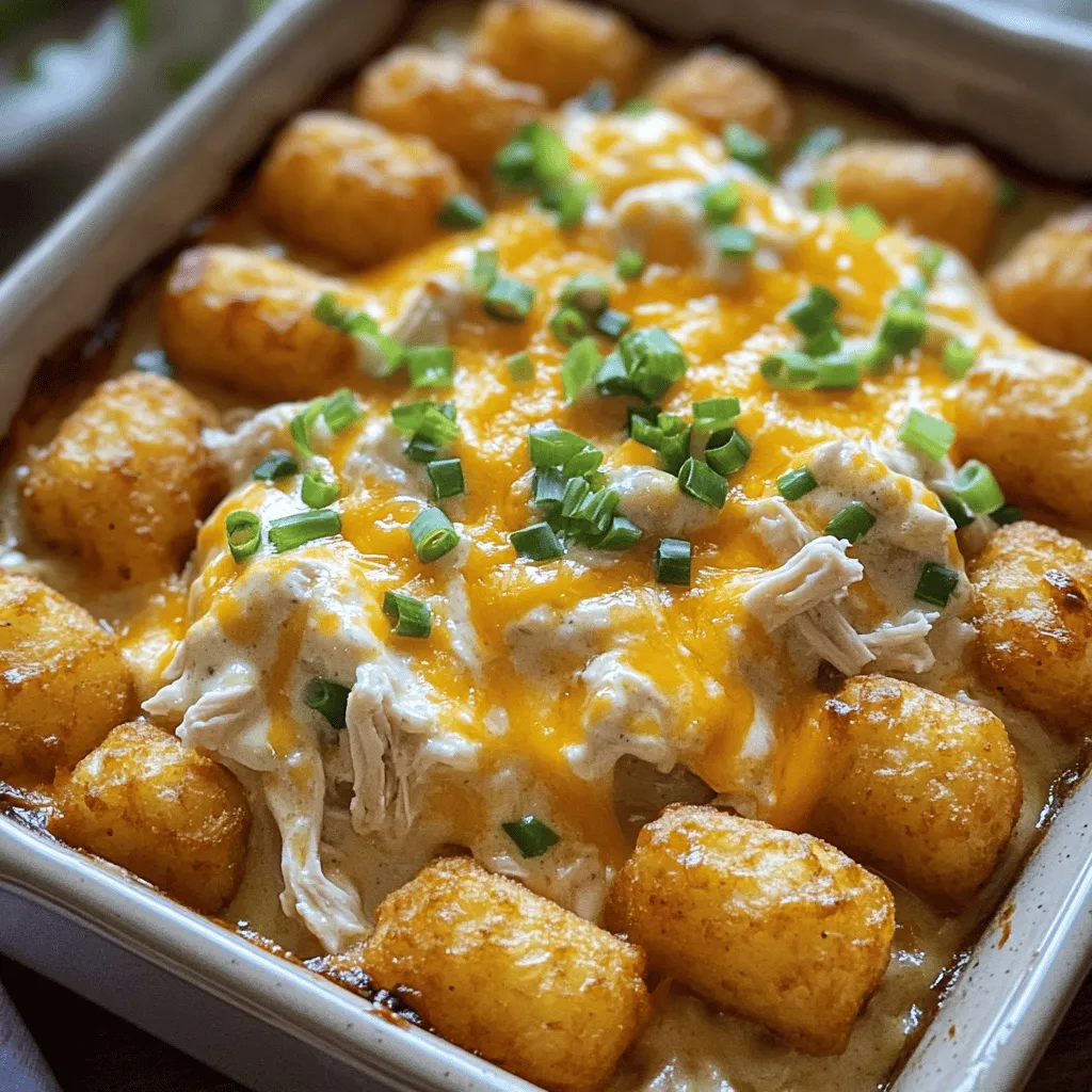 To make Cracked Out Chicken Tater Tot Casserole, you need a few key ingredients. First, cooked chicken is essential. I often use shredded rotisserie chicken for ease. Next, you need a can of cream of chicken soup. This adds creaminess and binds everything together.