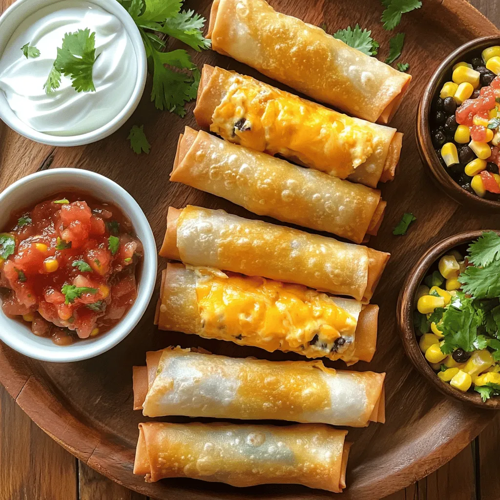 What are the key ingredients for cheesy taco sticks? To make cheesy taco sticks, you need a few simple items. First, grab spring roll wrappers, which are key for the outer layer. You will also need ground beef or turkey, onion, and garlic for the filling. Taco seasoning adds that bold flavor, while water helps blend everything together. Don't forget shredded cheddar cheese, black beans, and corn. Finally, some fresh cilantro can add a nice touch.