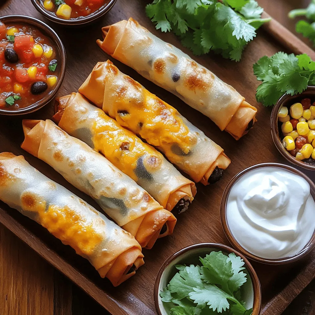 What are the key ingredients for cheesy taco sticks? To make cheesy taco sticks, you need a few simple items. First, grab spring roll wrappers, which are key for the outer layer. You will also need ground beef or turkey, onion, and garlic for the filling. Taco seasoning adds that bold flavor, while water helps blend everything together. Don't forget shredded cheddar cheese, black beans, and corn. Finally, some fresh cilantro can add a nice touch.