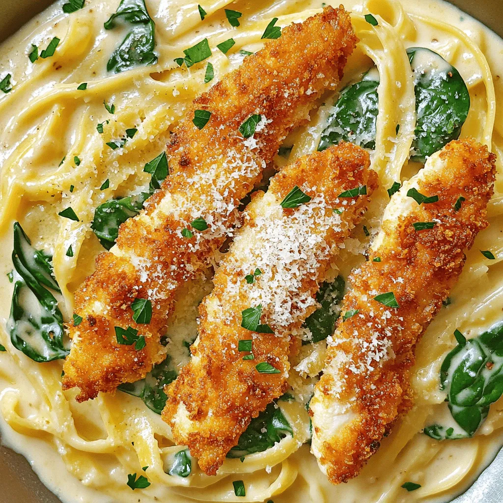 To make a crispy chicken recipe with creamy pasta, you need just a few key ingredients. For the chicken, use two boneless chicken breasts, panko breadcrumbs, and flour. You will need an egg for coating and spices like garlic powder, paprika, salt, and pepper. For the creamy pasta sauce, grab heavy cream, grated Parmesan cheese, and baby spinach. Finally, you need pasta, like fettuccine or penne, and olive oil for extra crispiness.