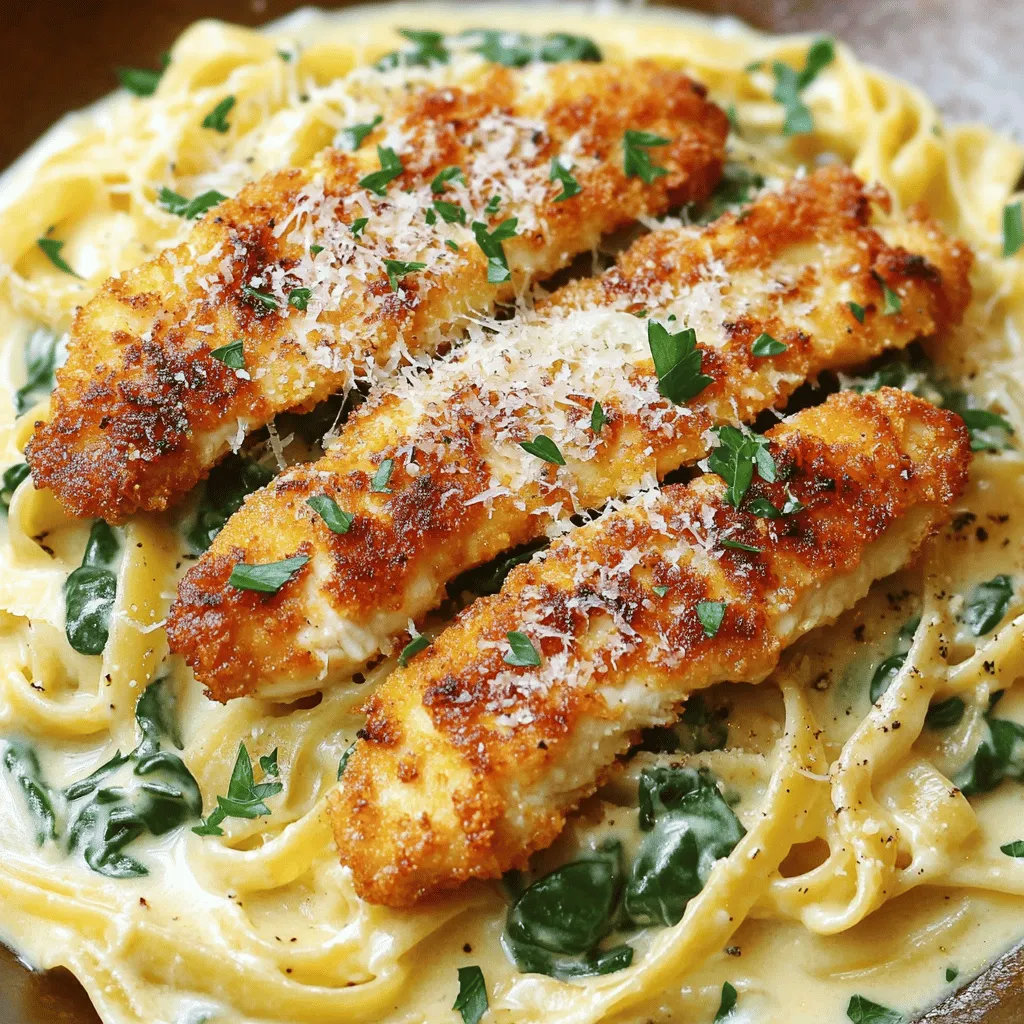 To make a crispy chicken recipe with creamy pasta, you need just a few key ingredients. For the chicken, use two boneless chicken breasts, panko breadcrumbs, and flour. You will need an egg for coating and spices like garlic powder, paprika, salt, and pepper. For the creamy pasta sauce, grab heavy cream, grated Parmesan cheese, and baby spinach. Finally, you need pasta, like fettuccine or penne, and olive oil for extra crispiness.