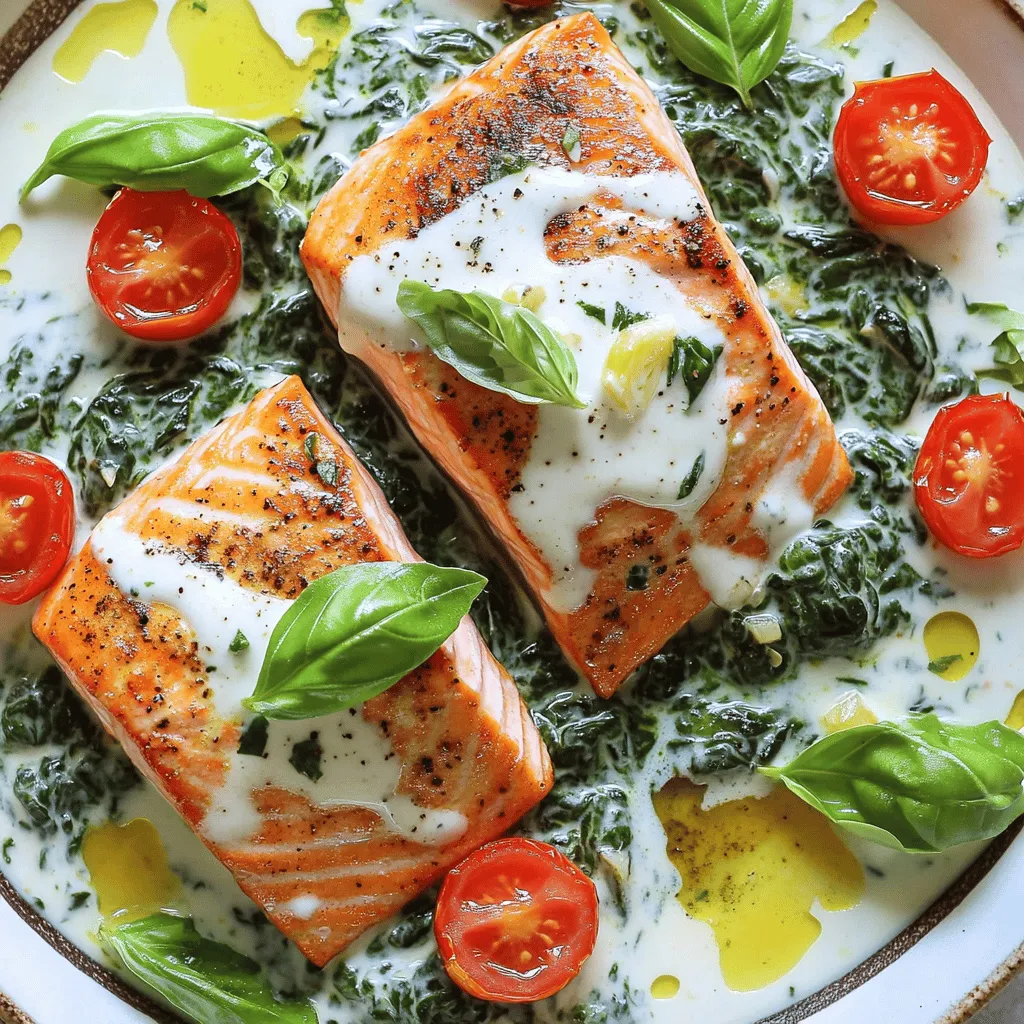 The main ingredients for this pan-seared salmon recipe are simple yet vibrant. You'll need two salmon fillets, each about six ounces. Freshness matters, so choose fillets that look bright and moist. Next, grab two cups of fresh spinach. This leafy green adds color and health. You also need one cup of heavy cream for a rich sauce.