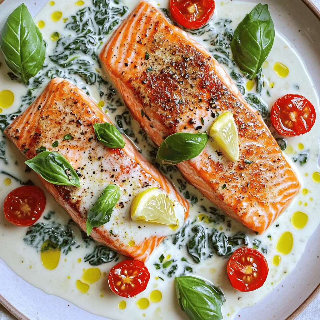 The main ingredients for this pan-seared salmon recipe are simple yet vibrant. You'll need two salmon fillets, each about six ounces. Freshness matters, so choose fillets that look bright and moist. Next, grab two cups of fresh spinach. This leafy green adds color and health. You also need one cup of heavy cream for a rich sauce.