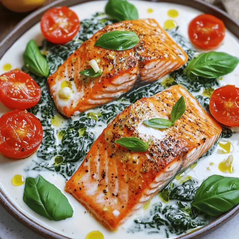 The main ingredients for this pan-seared salmon recipe are simple yet vibrant. You'll need two salmon fillets, each about six ounces. Freshness matters, so choose fillets that look bright and moist. Next, grab two cups of fresh spinach. This leafy green adds color and health. You also need one cup of heavy cream for a rich sauce.