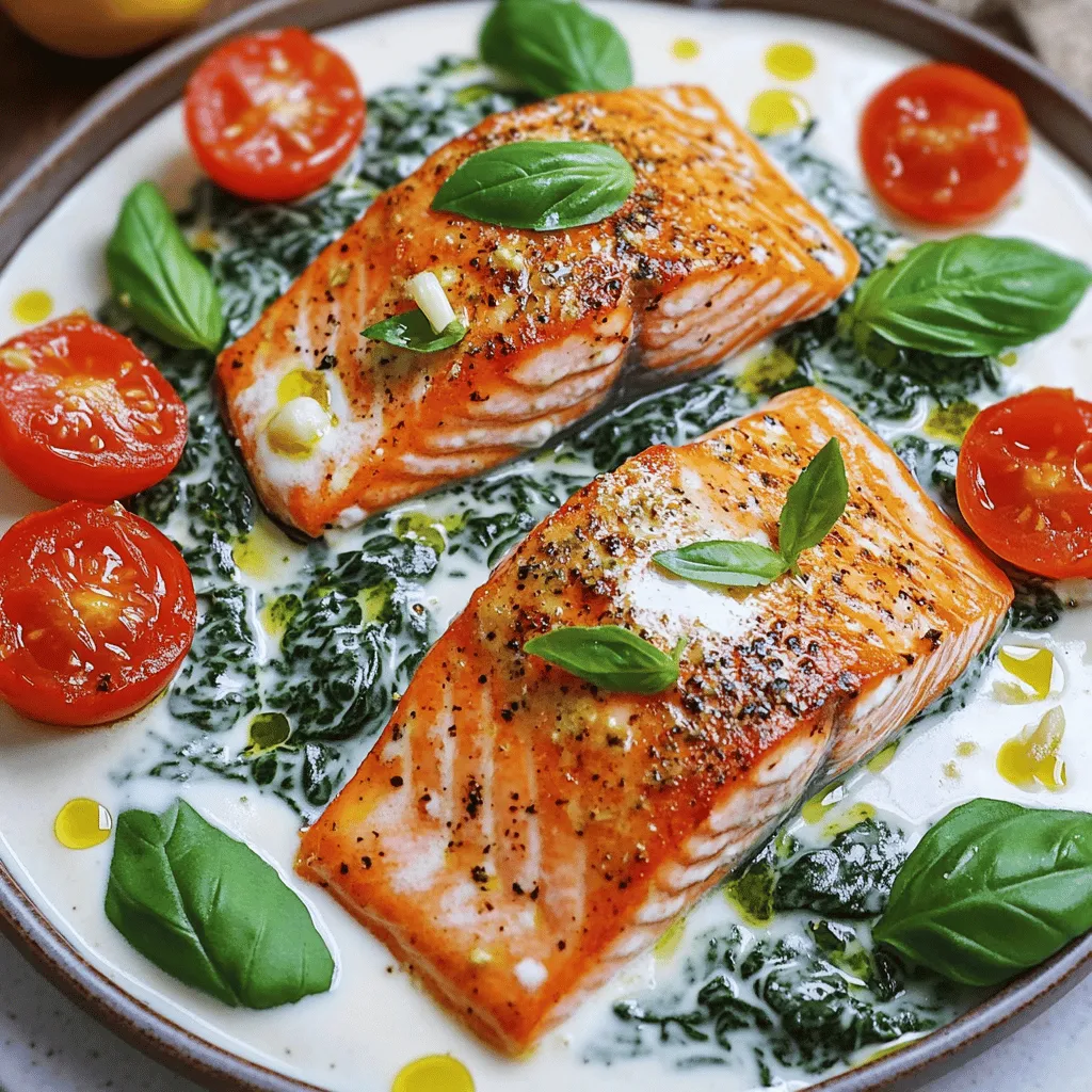 The main ingredients for this pan-seared salmon recipe are simple yet vibrant. You'll need two salmon fillets, each about six ounces. Freshness matters, so choose fillets that look bright and moist. Next, grab two cups of fresh spinach. This leafy green adds color and health. You also need one cup of heavy cream for a rich sauce.